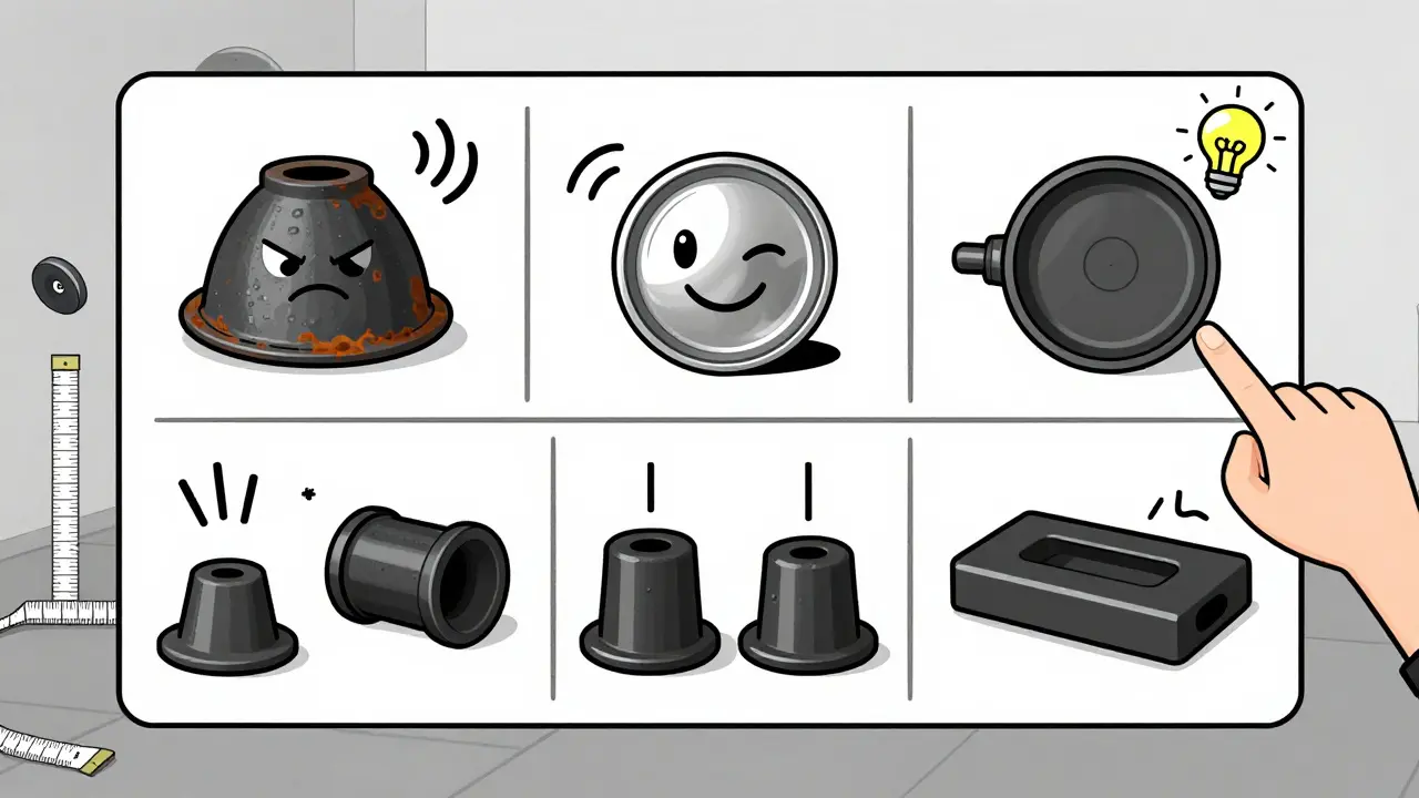 Сравнение типов блинов в виде комикс-таблицы: чугун, хром, резина и полиуретан с характерными символами.