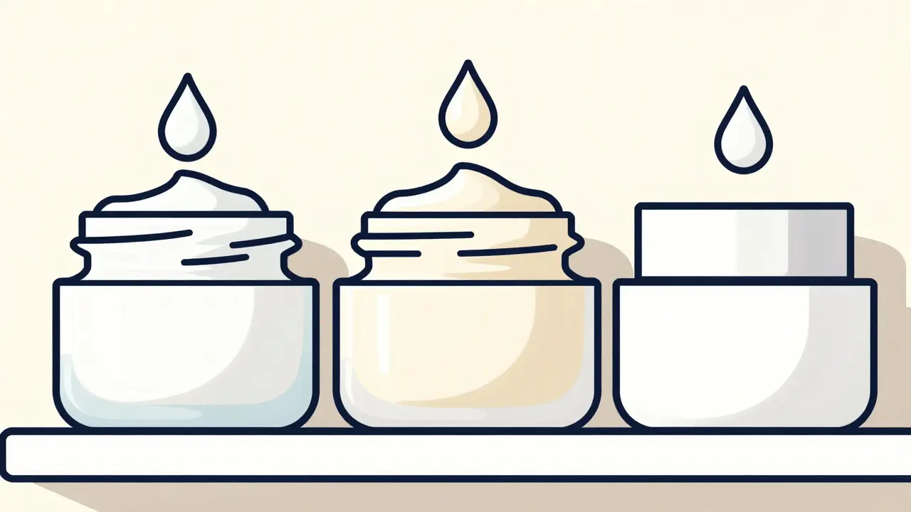 Три баночки крема с разной концентрацией на полке
