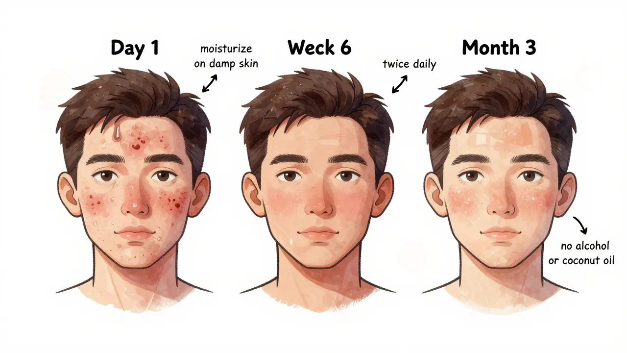 Три этапа улучшения кожи: с акне, на шестой неделе и через три месяца, с подсказками по уходу.