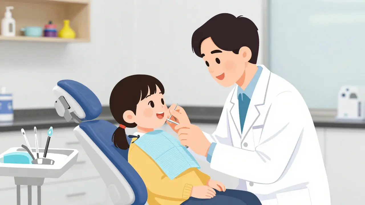 Врач осматривает улыбку ребёнка в светлой клинике