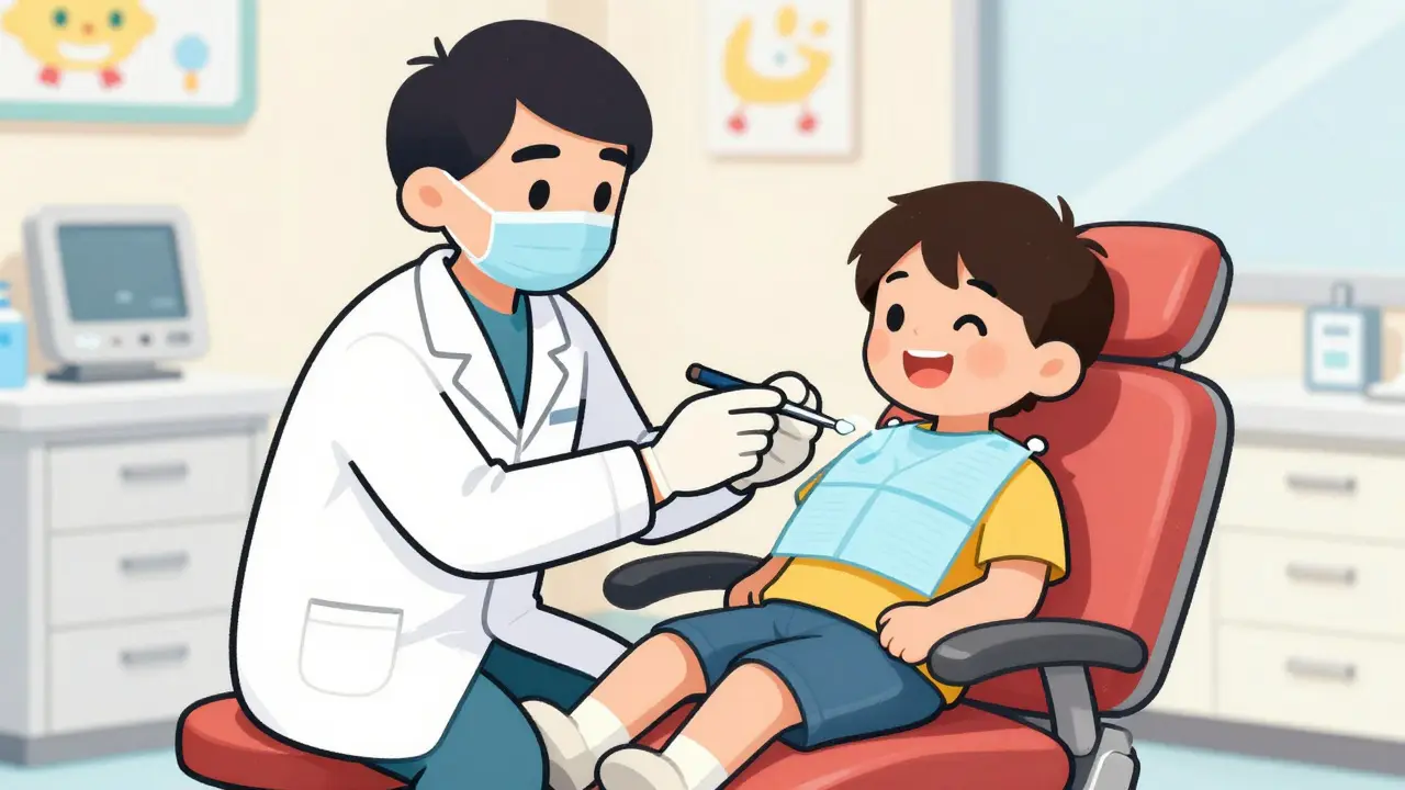 Врач применяет профессиональную защиту эмали зубов у ребёнка.