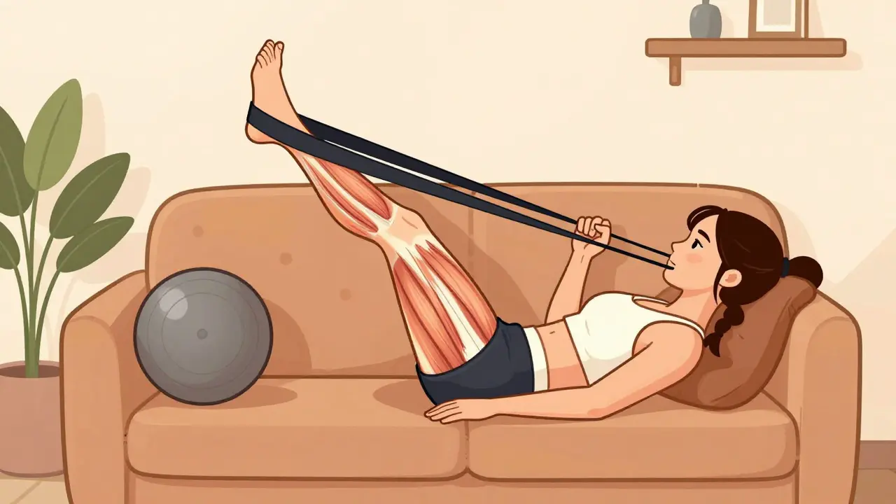 Женщина делает махи ногой лежа на боку с резинкой на щиколотках, в спокойной домашней обстановке.