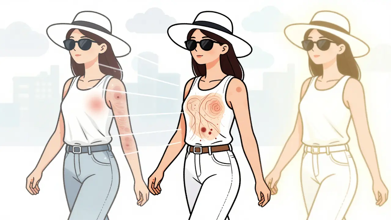 Женщина идёт по улице в пасмурный день, защищённая шляпой и очками от невидимых УФ-лучей.