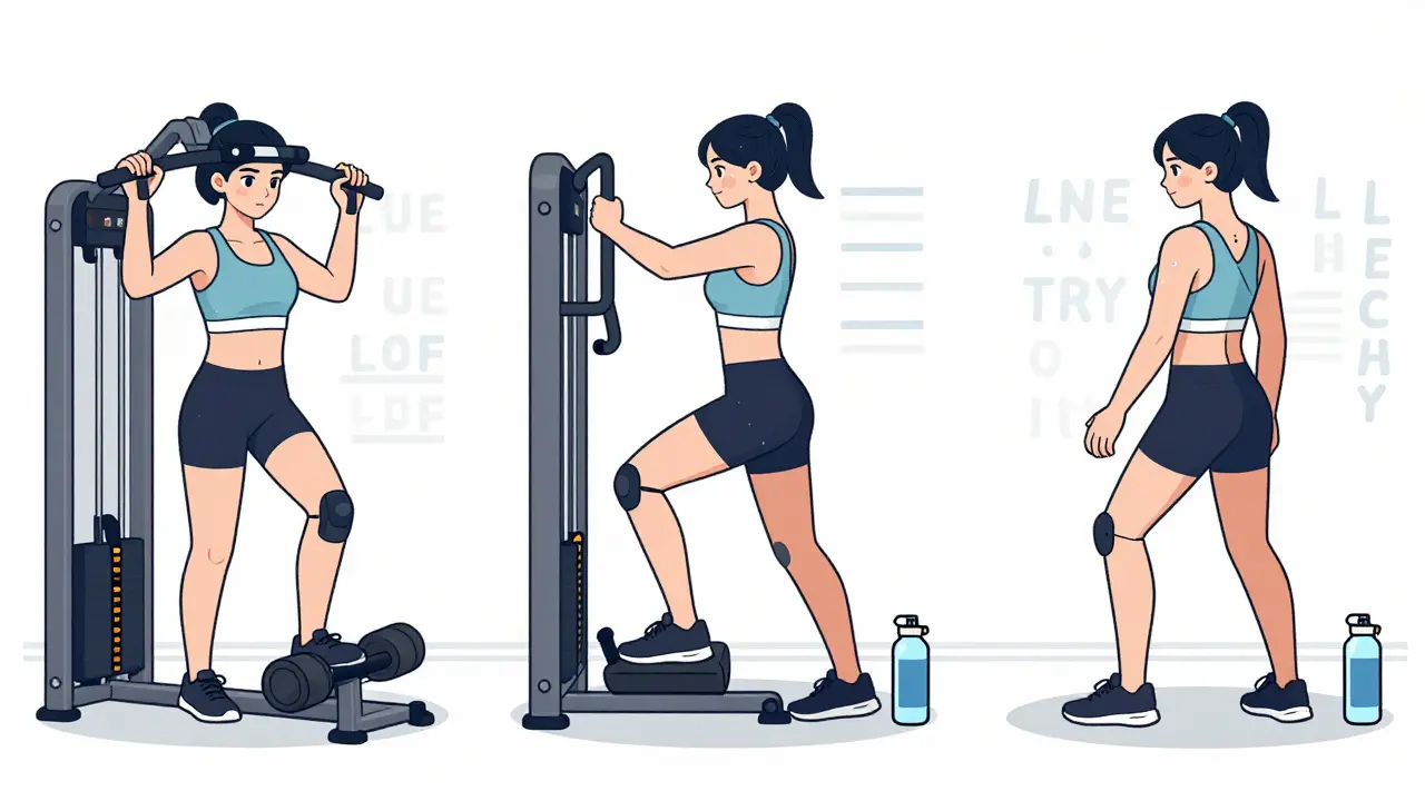 Женщина использует тренажёр для сведения ног, правильная осанка и фокус на технике выполнения упражнения.