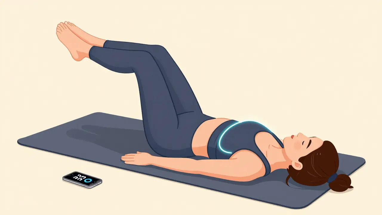 Женщина лежит на спине, поднимает таз и одну ногу вверх, рядом телефон с таймером, тихая атмосфера.