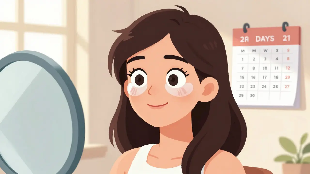 Женщина смотрит в зеркало, её глаза выглядят больше благодаря наклейкам и макияжу, на фоне календаря.