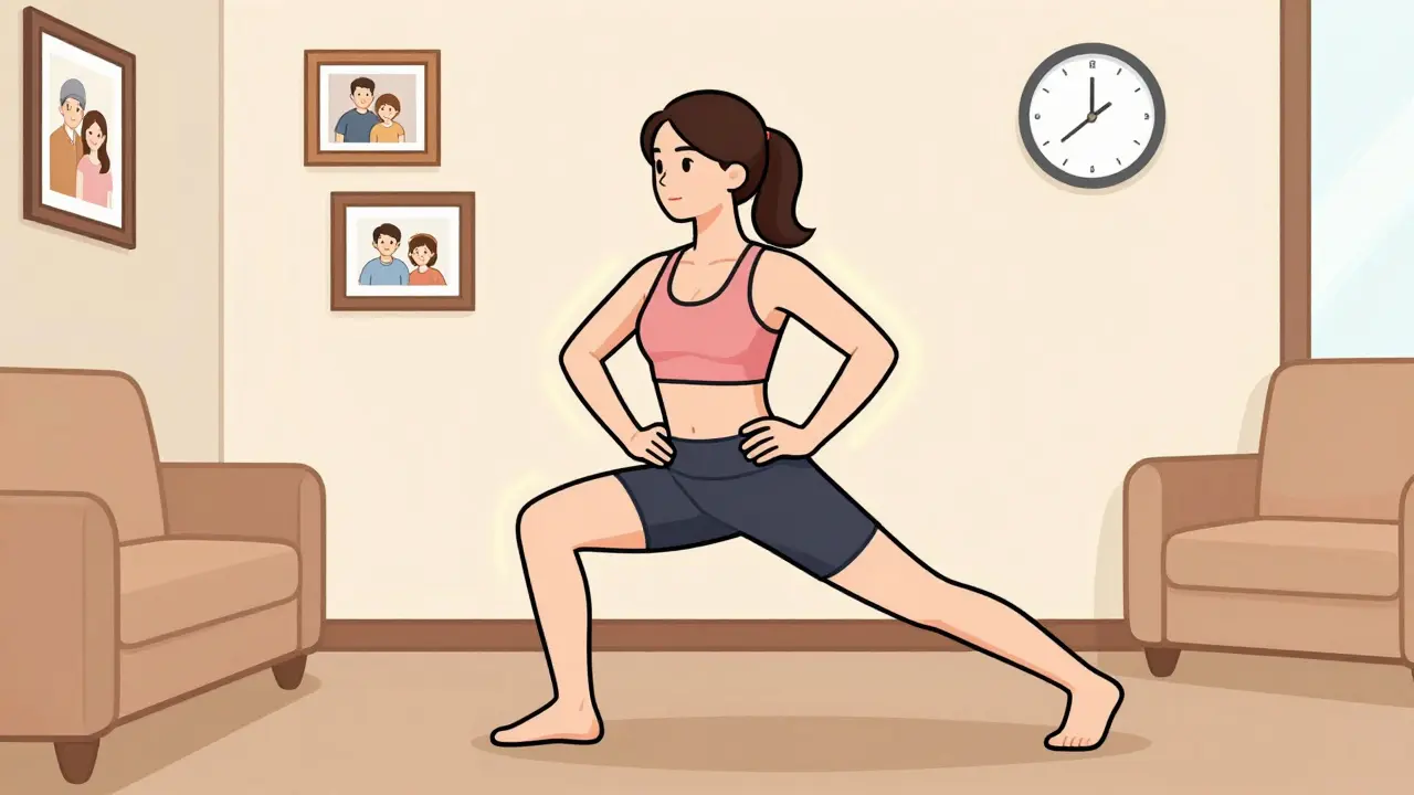 Женщина в статичном выпаде в гостиной, руки на бёдрах, мягкий свет и уютный интерьер.