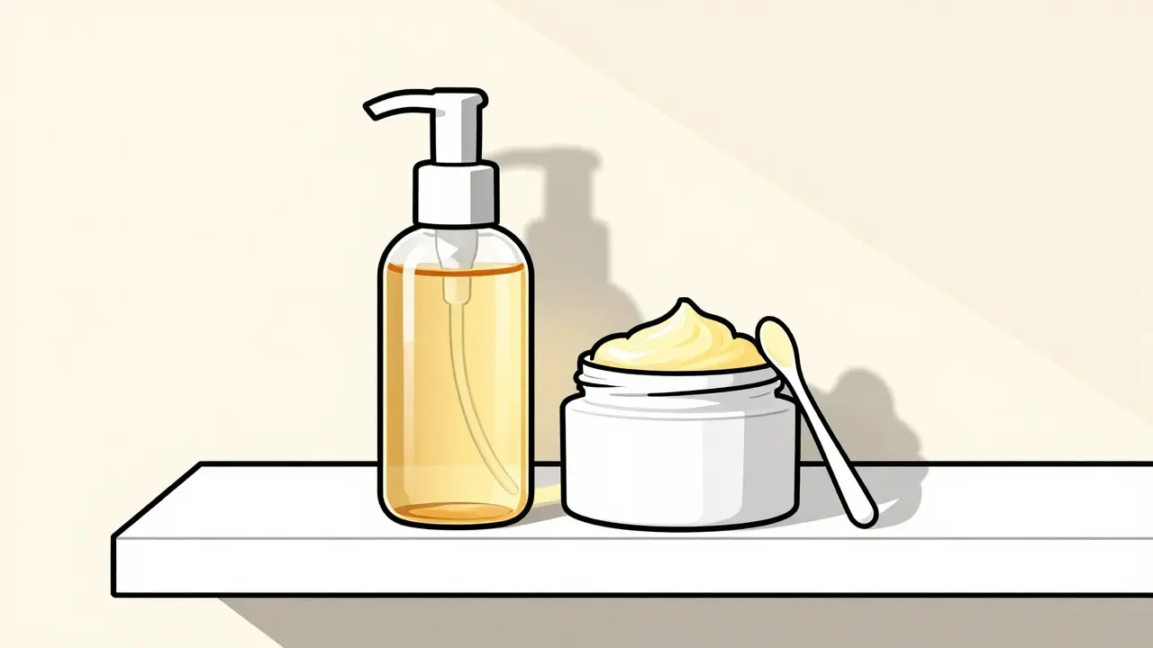 Бутылочка с гидрофильным маслом и баночка с очищающим бальзамом на полке