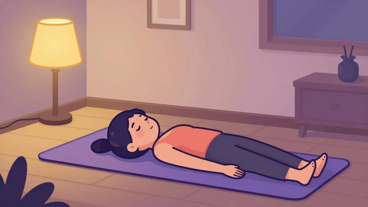 Человек делает растяжку дома перед сном для расслабления