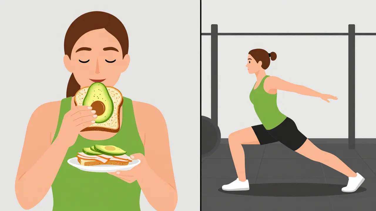 Человек ест тост с авокадо и занимается спортом в зале