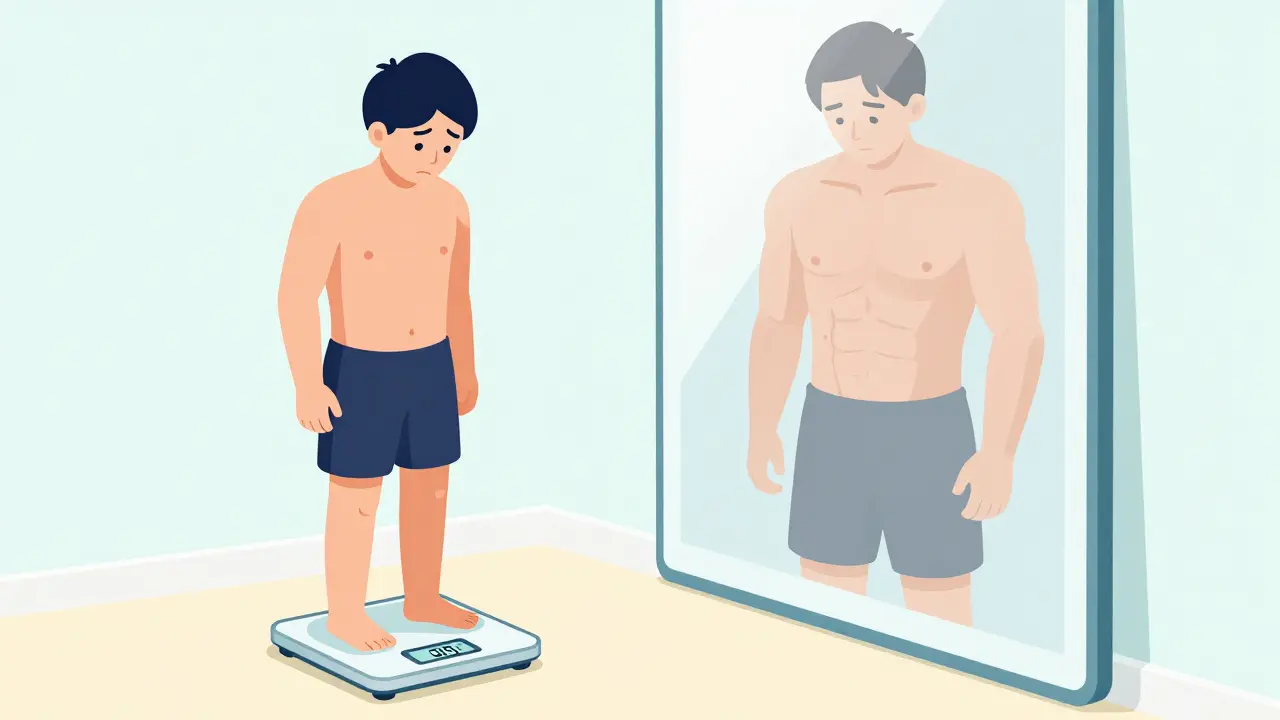 Человек на весах видит отсутствие изменений, но в зеркале заметен мышечный прогресс