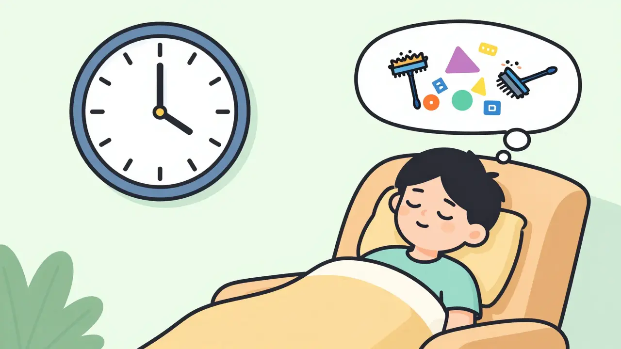 Человек спит в кресле, пока маленькие помощники очищают его память в облачке мыслей