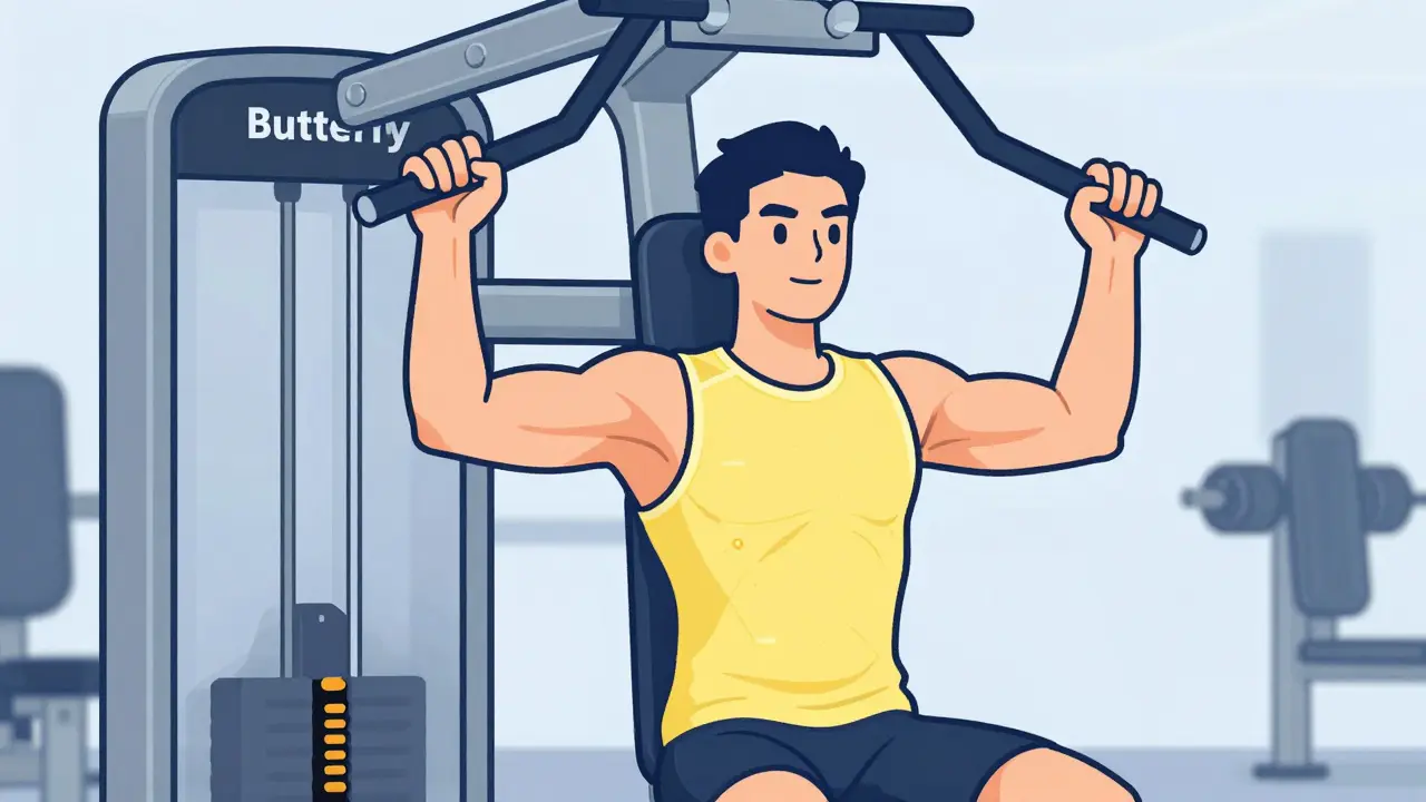 Человек тренирует грудные мышцы в тренажере «бабочка»