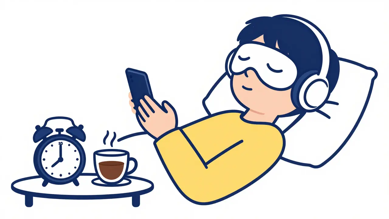 Человек в маске для сна и наушниках с будильником на 20 минут и чашкой кофе рядом