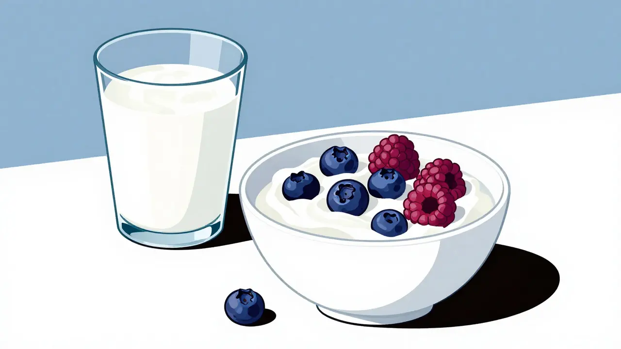 Греческий йогурт с ягодами и стакан кефира на столе