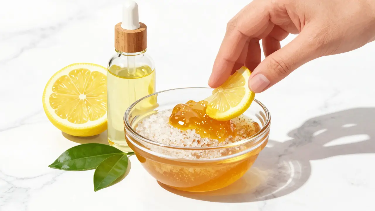 Ингредиенты для домашнего скраба: мед, сахар и лимон