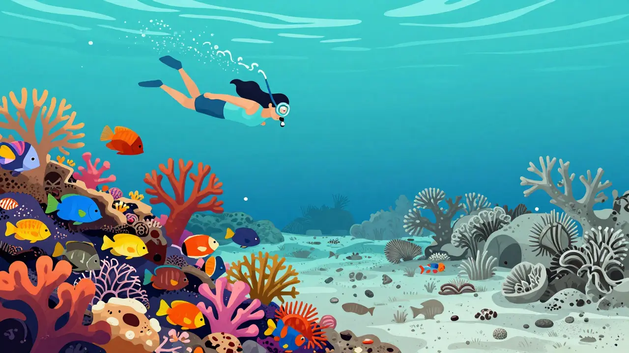 Контраст между здоровым цветным коралловым рифом и обесцвеченным рифом