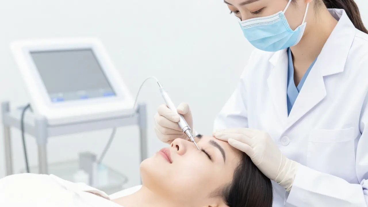 Косметолог проводит процедуру контурной пластики лица в клинике