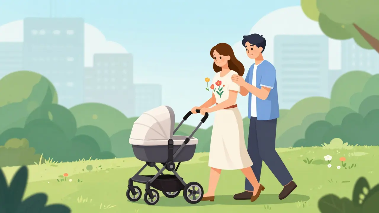 Мать с ребенком на прогулке с поддержкой партнера, символ выздоровления