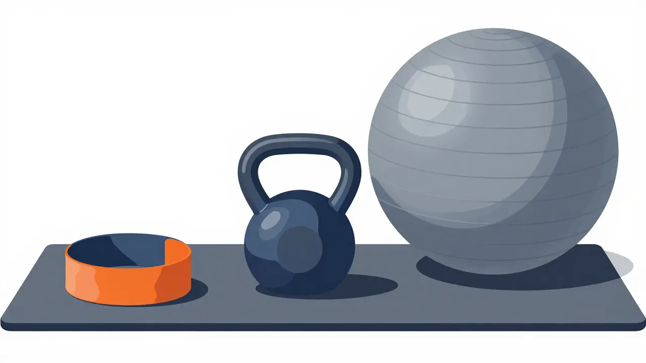 Набор оборудования для тренировок: фитнес-резинка, гиря и фитбол