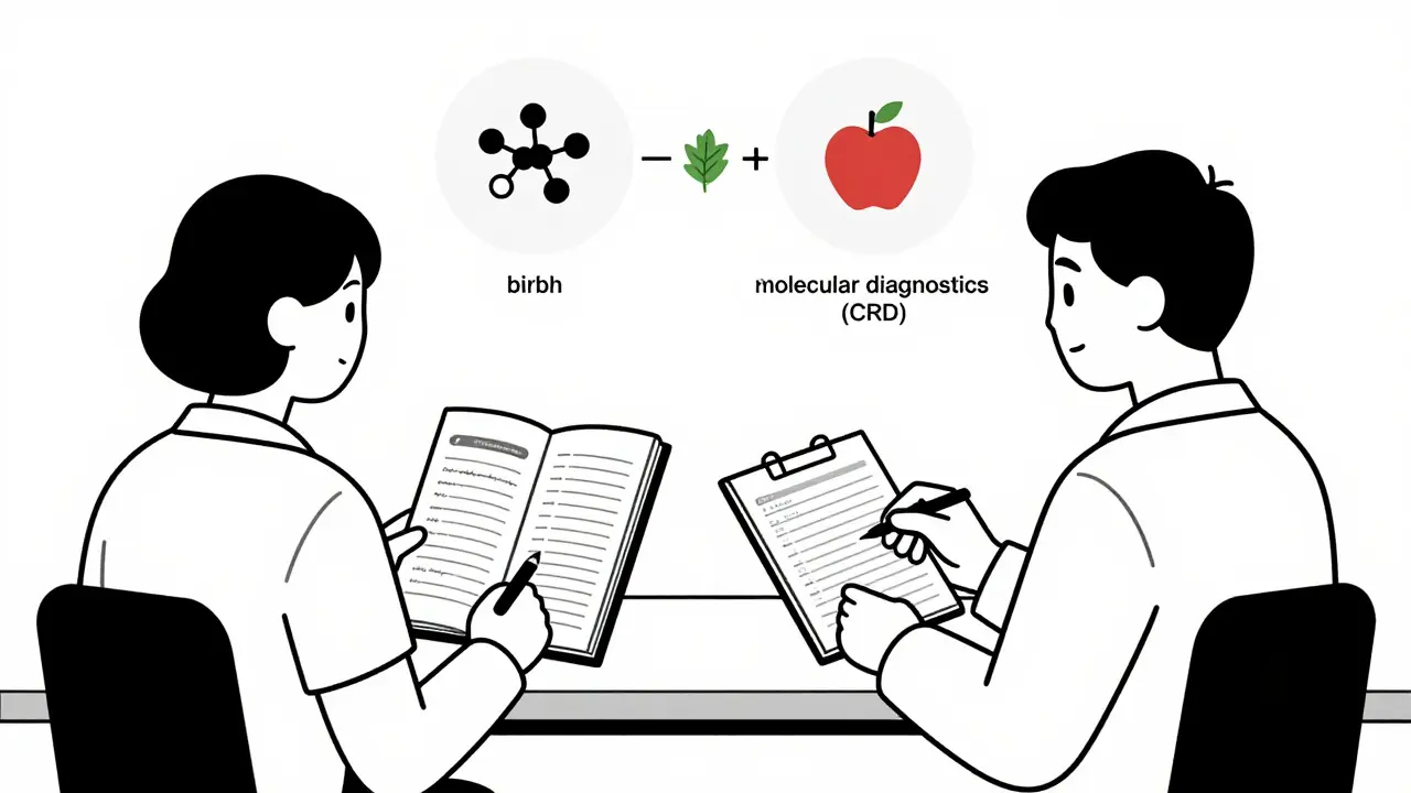 Пациент обсуждает дневник аллергена с врачом на фоне иконок молекулярной диагностики