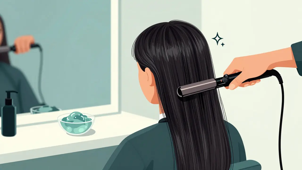 Процесс горячего ламинирования волос в салоне с использованием утюжка в стиле линий.