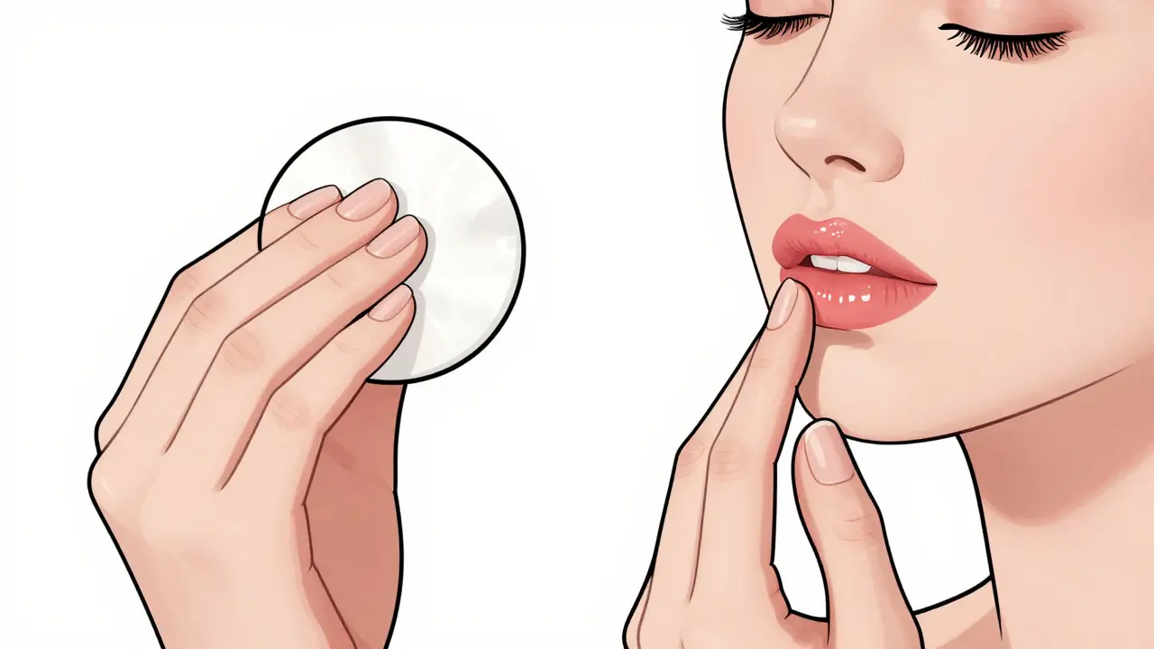 Процесс снятия стойкой помады маслом и нанесение бальзама