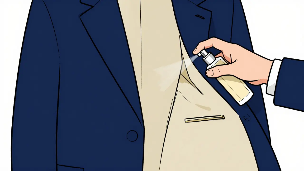 Распыление парфюма на внутреннюю подкладку одежды