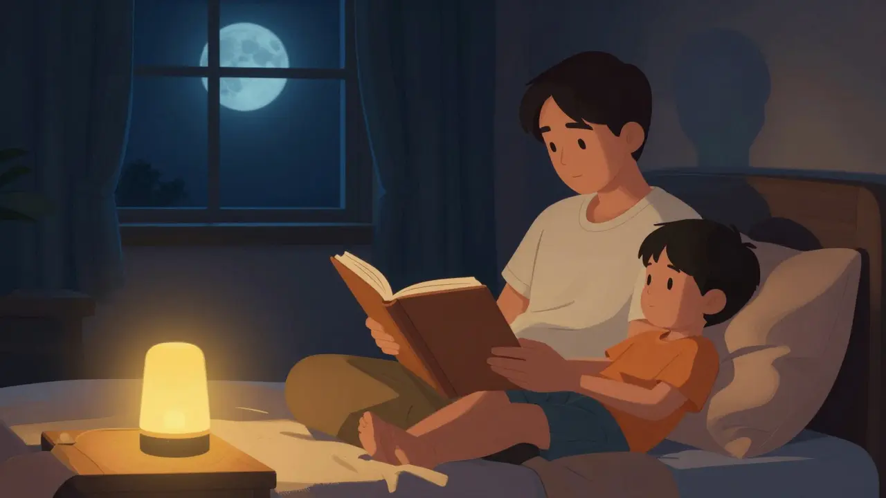 Родитель читает книгу ребенку перед сном в уютной комнате с приглушенным светом