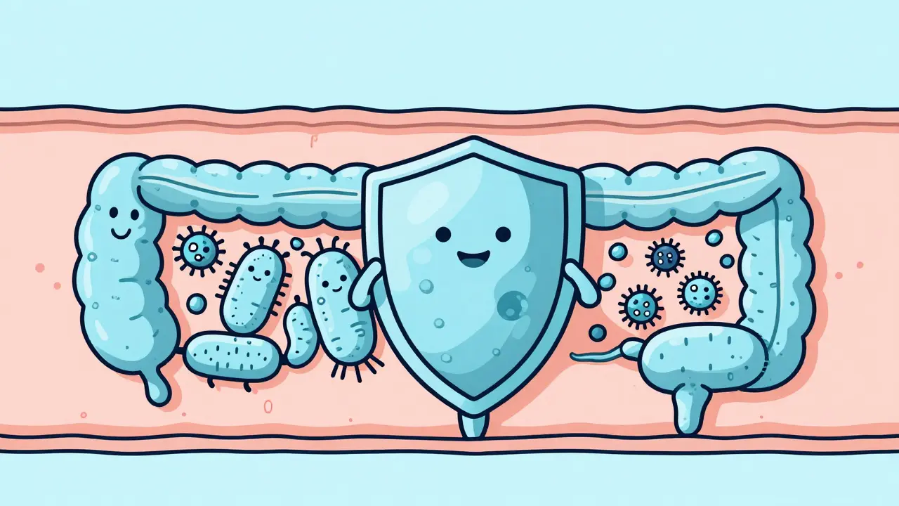 Схематичное изображение защитного барьера из полезных бактерий в кишечнике