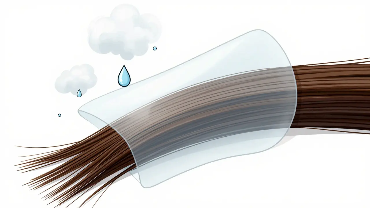 Схематичное изображение защитной пленки, обволакивающей волосок и защищающей его от среды.