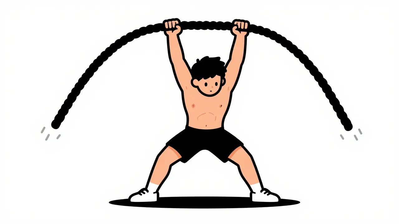 Спортсмен с силой вбивает боевые канаты в пол в плиометрическом упражнении