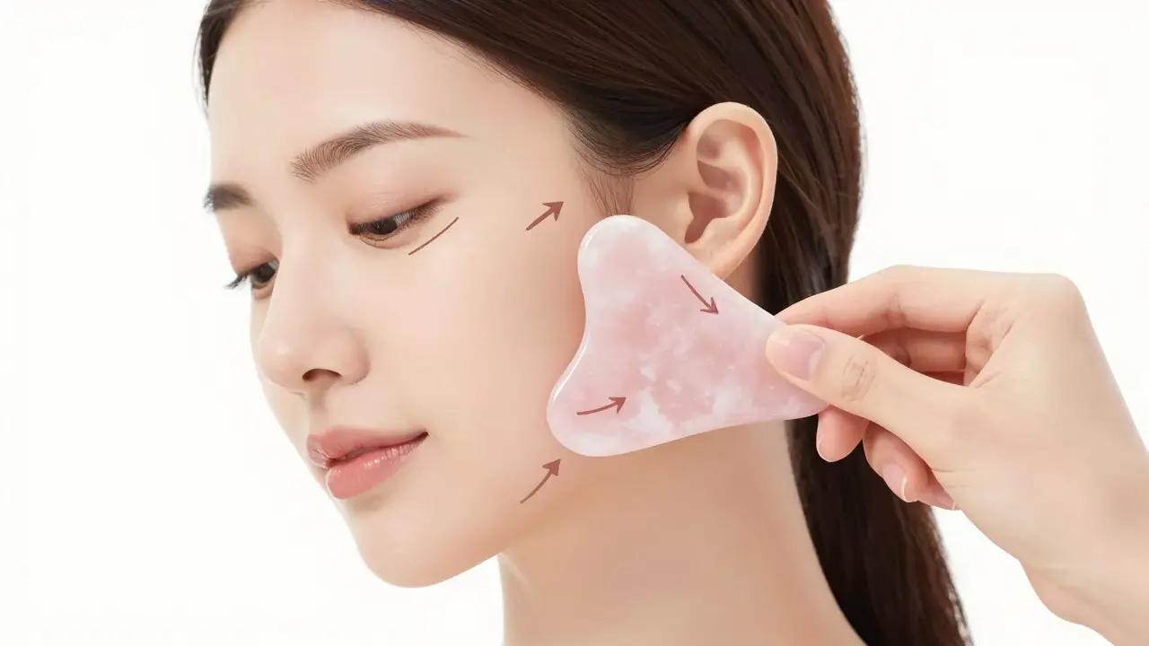 Женщина делает массаж лица скребком гуаша по линии челюсти