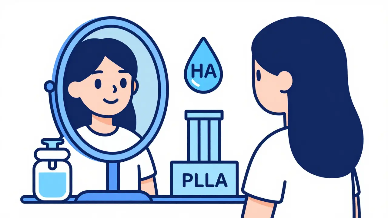 Женщина перед зеркалом с символами увлажнения и структурной поддержки кожи