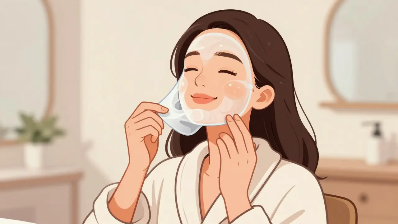 Женщина снимает застывшую резиновую маску с лица, демонстрируя сияющую кожу