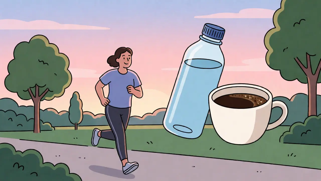 Утренняя пробежка натощак в парке на рассвете в мультяшном стиле